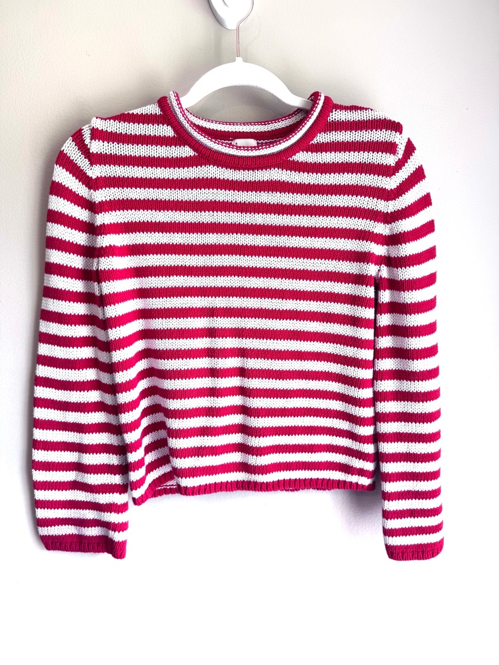A New Day Red White Striped Shrunken Sweater 100% Cotton Crew Neck S - Picture 2 of 8